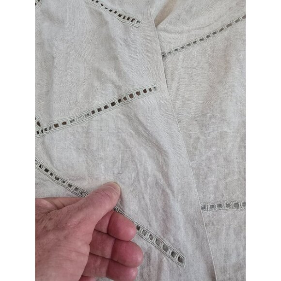 Embroidered Beige Linen Open Front Cardigan Jacket Geometric Cut-Out Detail M - Picture 4 of 6
